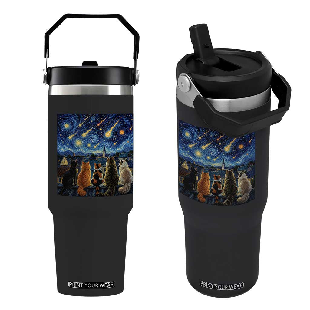 Starry Night Cats Watching Meteors Flip Straw Tumbler Astronomy Lover Gift