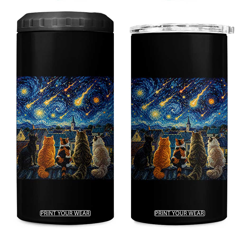 Starry Night Cats Watching Meteors 4 in 1 Can Cooler Tumbler Astronomy Lover Gift