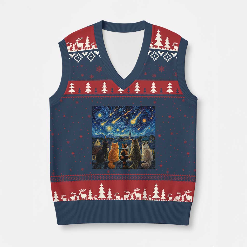 Starry Night Cats Watching Meteors V-Neck Knit Sweater Vest Astronomy Lover Gift