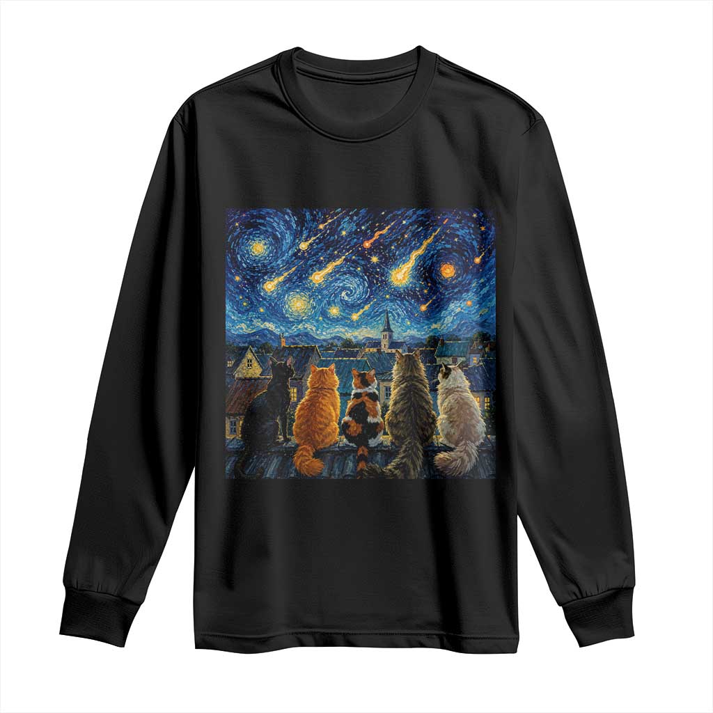 Starry Night Cats Watching Meteors Long Sleeve Shirt Astronomy Lover Gift