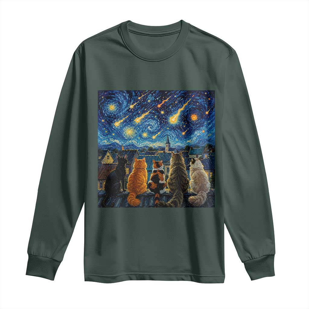Starry Night Cats Watching Meteors Long Sleeve Shirt Astronomy Lover Gift
