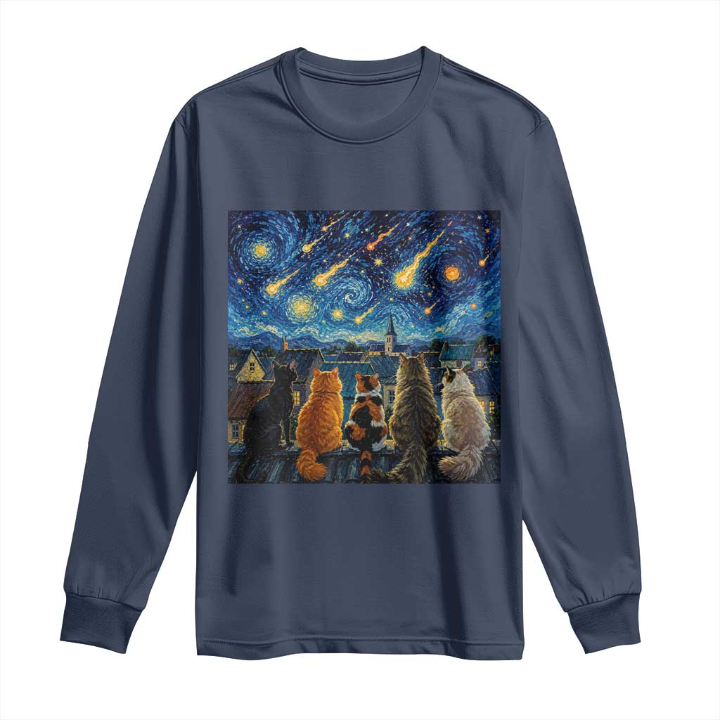 Starry Night Cats Watching Meteors Long Sleeve Shirt Astronomy Lover Gift