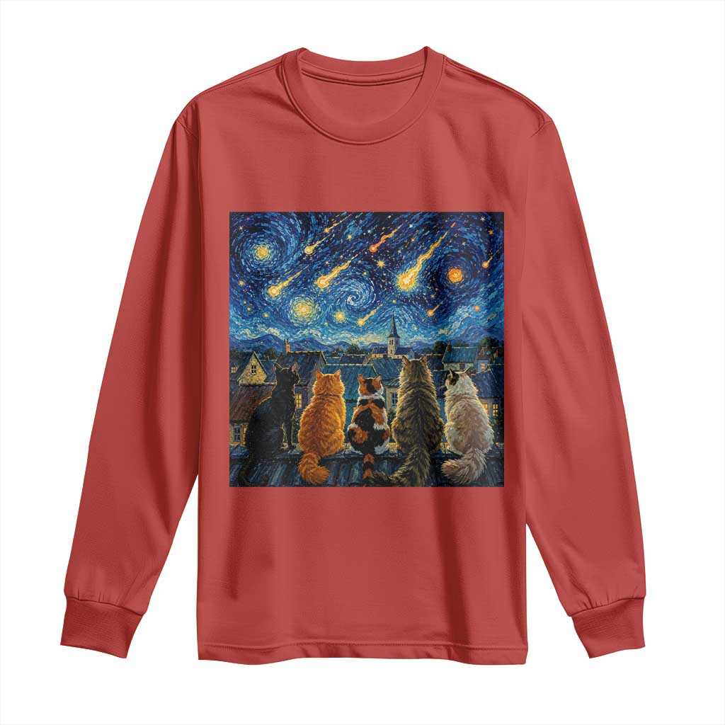Starry Night Cats Watching Meteors Long Sleeve Shirt Astronomy Lover Gift