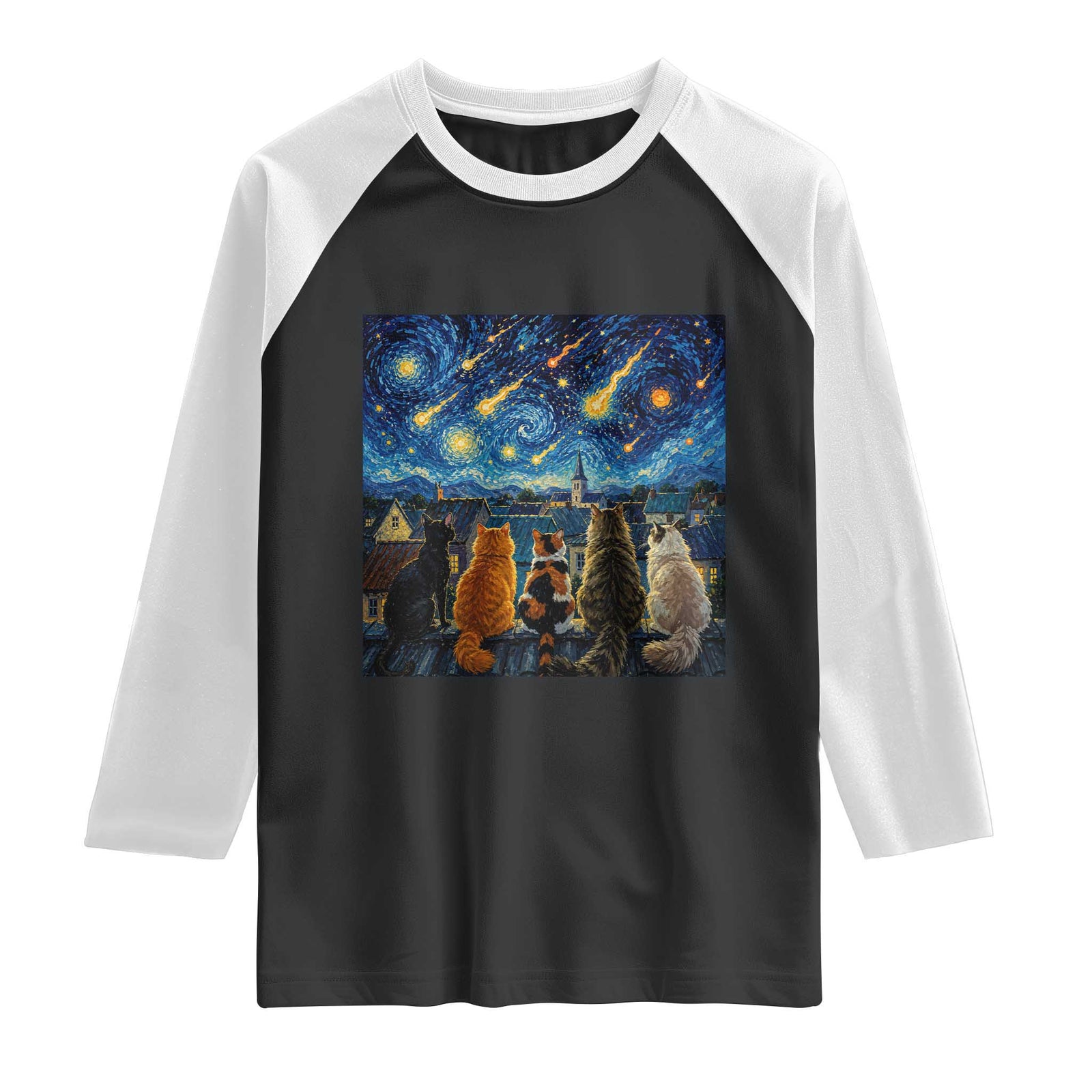 Starry Night Cats Watching Meteors Raglan Shirt Astronomy Lover Gift TS12 Black White Print Your Wear