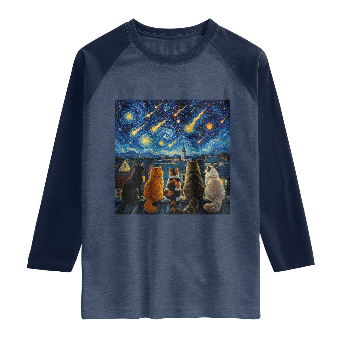 Starry Night Cats Watching Meteors Raglan Shirt Astronomy Lover Gift