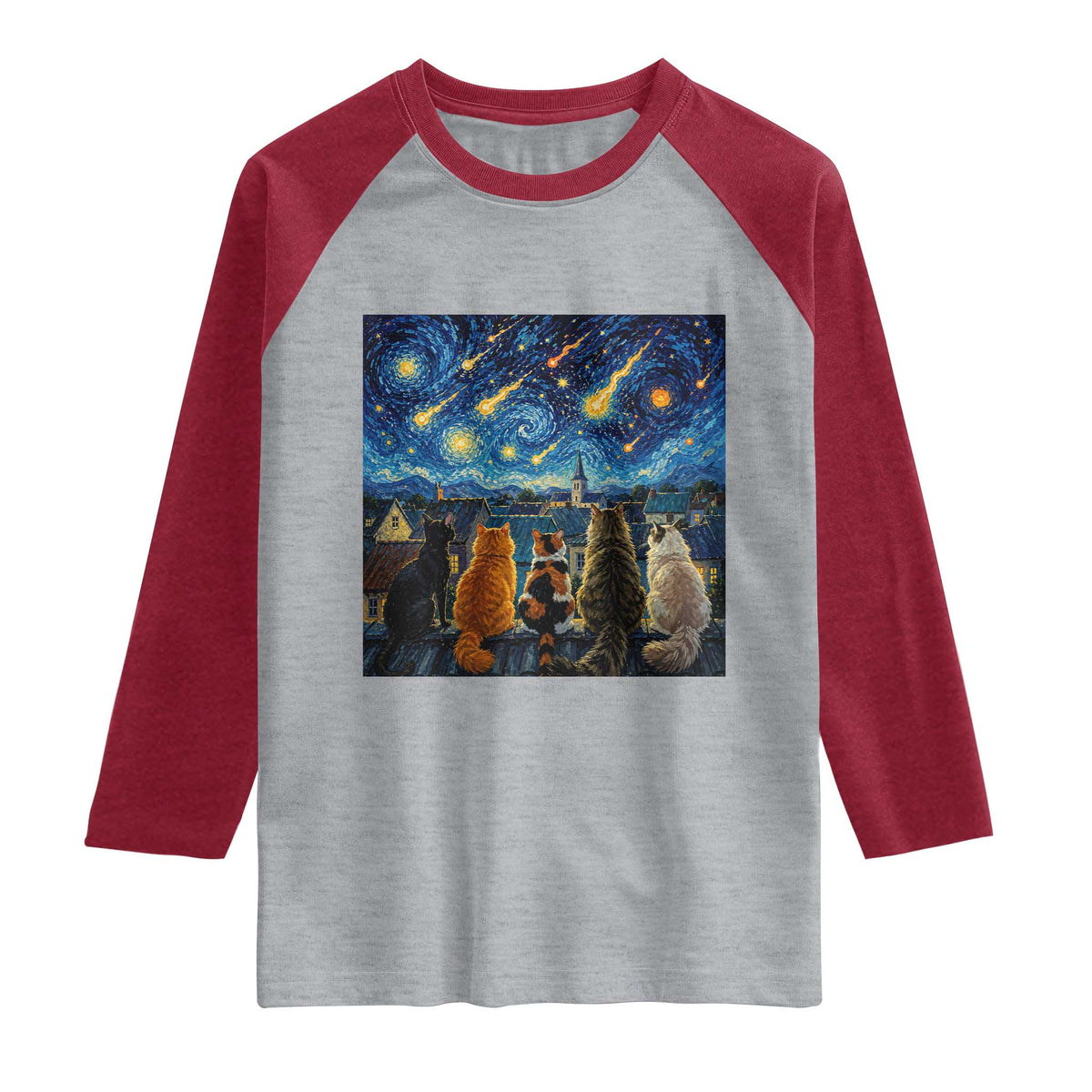 Starry Night Cats Watching Meteors Raglan Shirt Astronomy Lover Gift