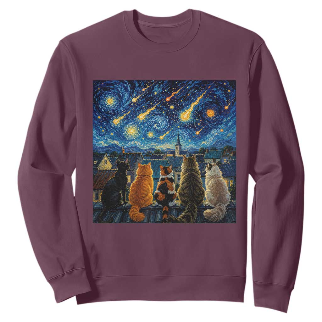 Starry Night Cats Watching Meteors Sweatshirt Astronomy Lover Gift