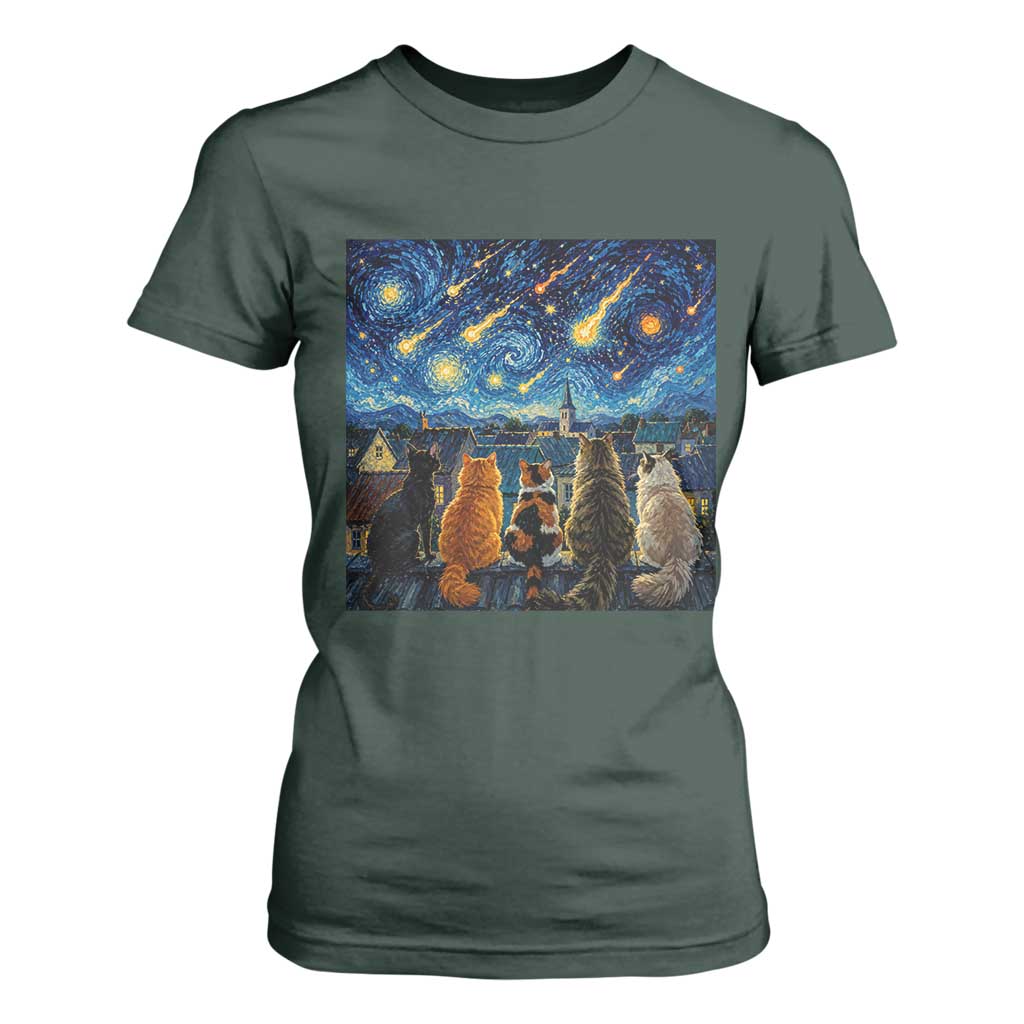 Starry Night Cats Watching Meteors T Shirt For Women Astronomy Lover Gift