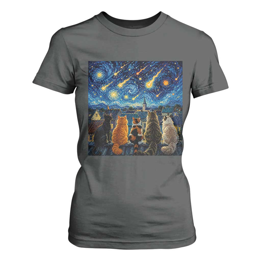 Starry Night Cats Watching Meteors T Shirt For Women Astronomy Lover Gift