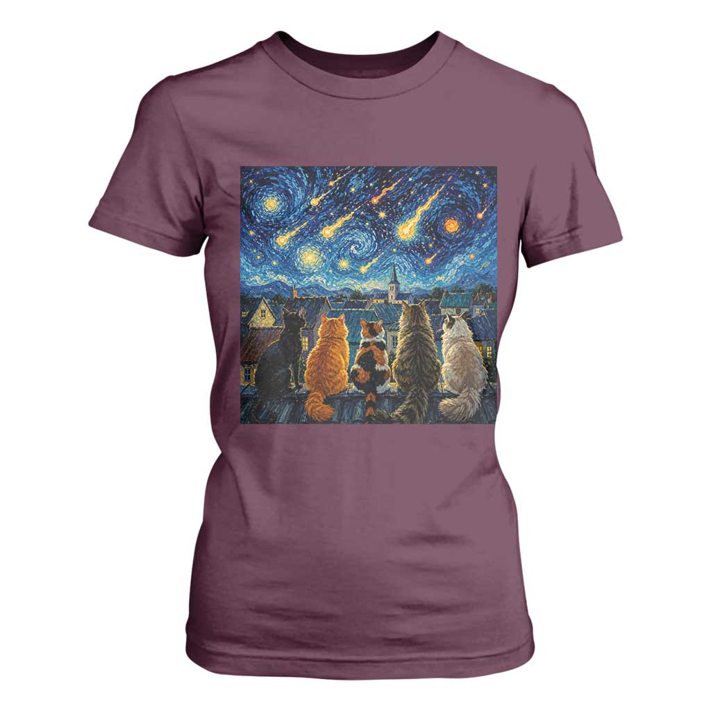 Starry Night Cats Watching Meteors T Shirt For Women Astronomy Lover Gift