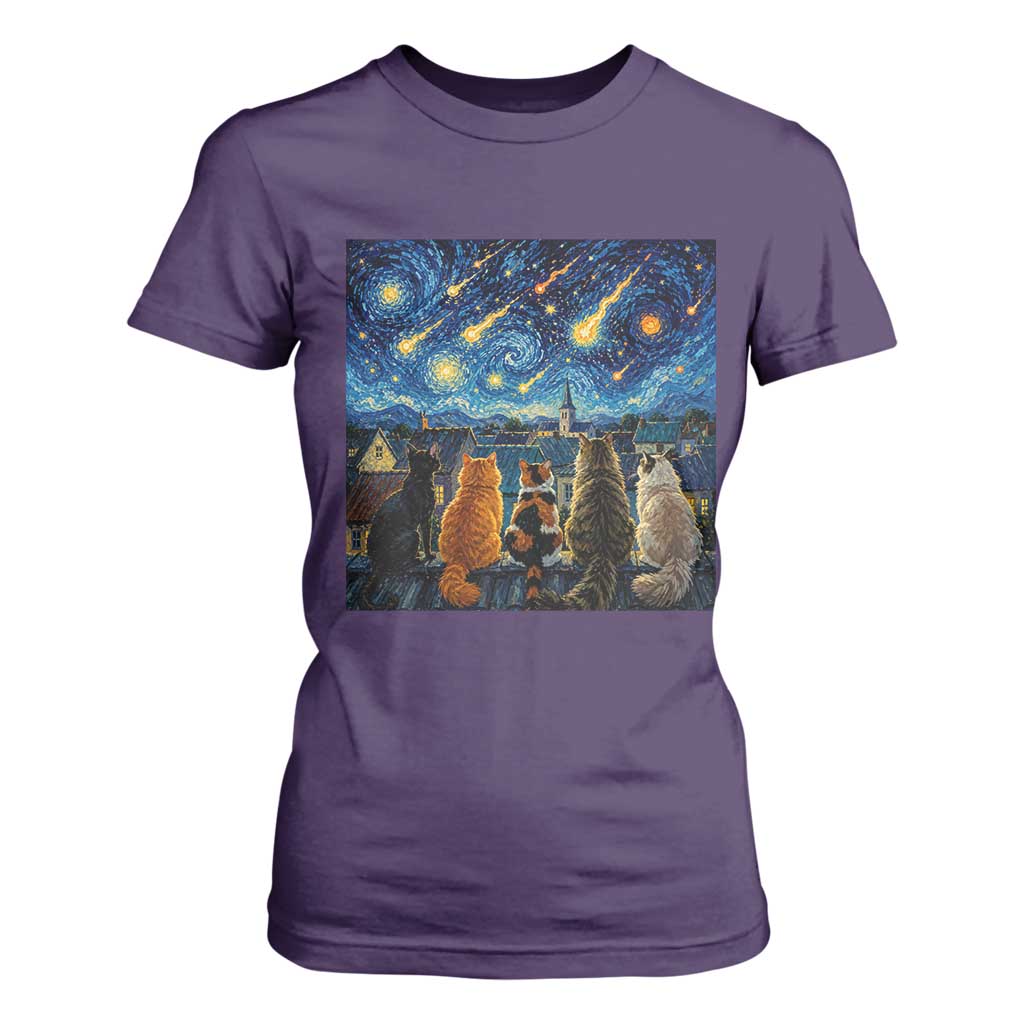 Starry Night Cats Watching Meteors T Shirt For Women Astronomy Lover Gift