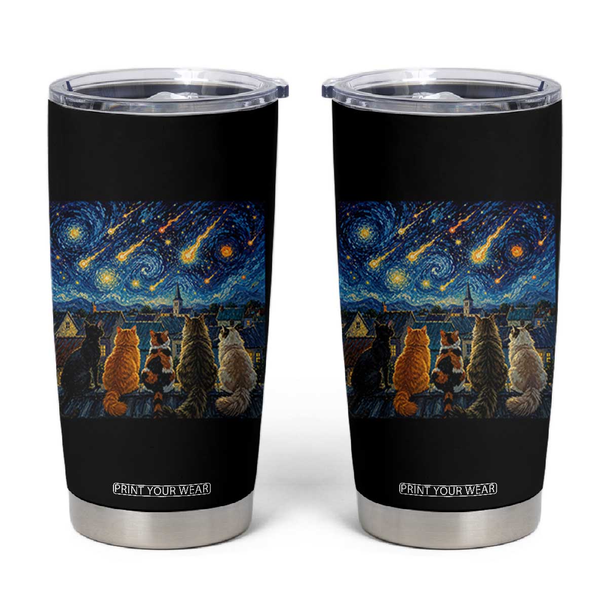 Starry Night Cats Watching Meteors Tumbler Cup Astronomy Lover Gift TS12 Black Print Your Wear