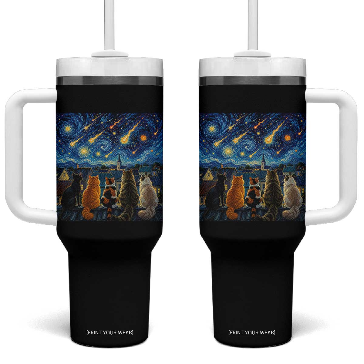 Starry Night Cats Watching Meteors Tumbler With Handle Astronomy Lover Gift