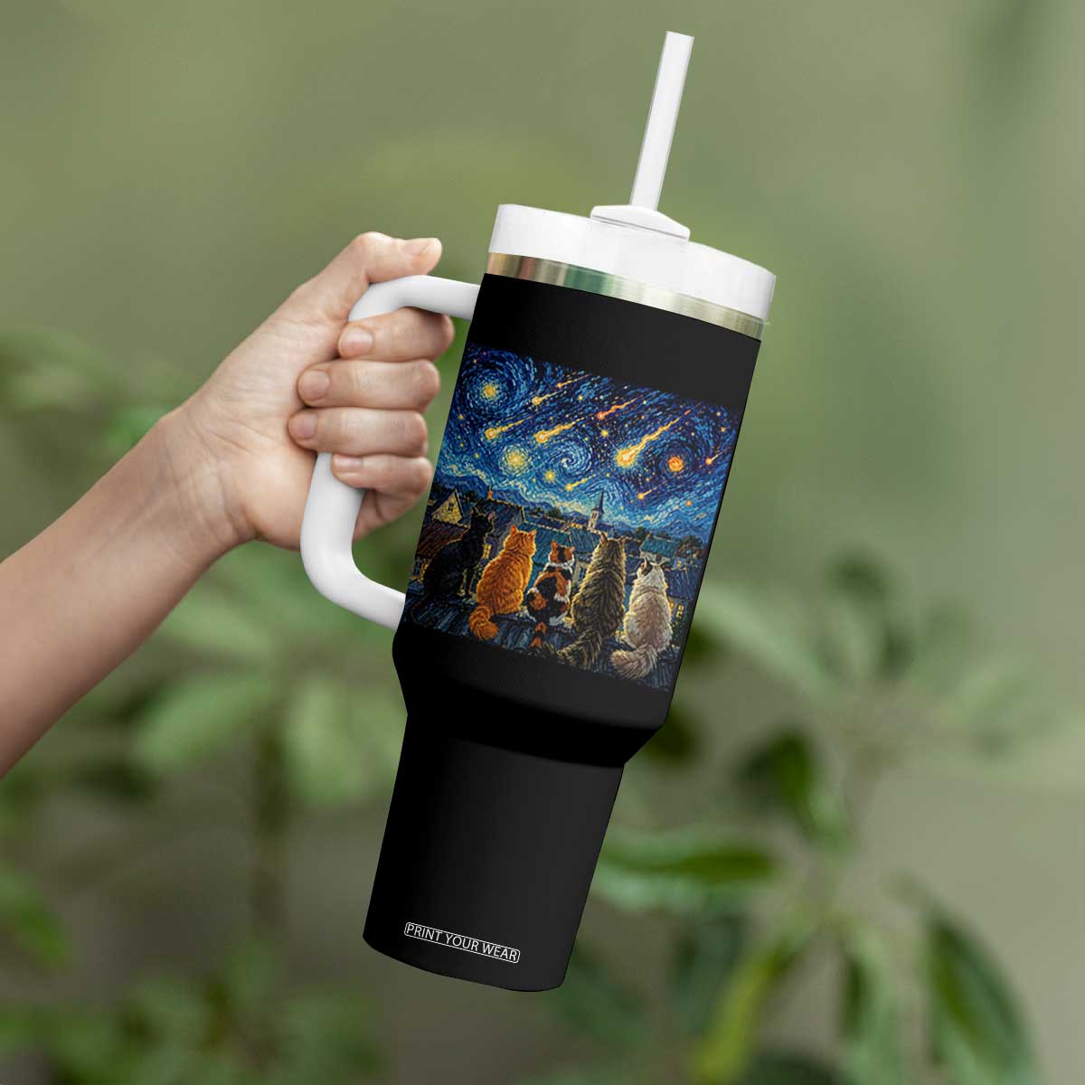 Starry Night Cats Watching Meteors Tumbler With Handle Astronomy Lover Gift