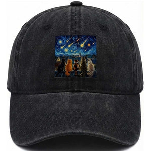 Starry Night Cats Watching Meteors Washed Cotton Baseball Cap Astronomy Lover Gift