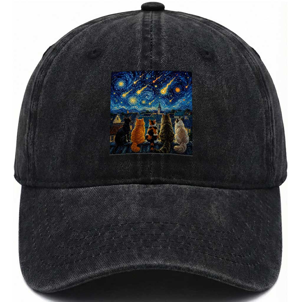 Starry Night Cats Watching Meteors Washed Cotton Baseball Cap Astronomy Lover Gift TS12 Print Your Wear