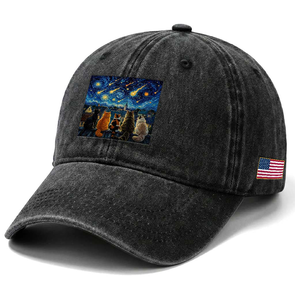 Starry Night Cats Watching Meteors Washed Cotton Baseball Cap Astronomy Lover Gift