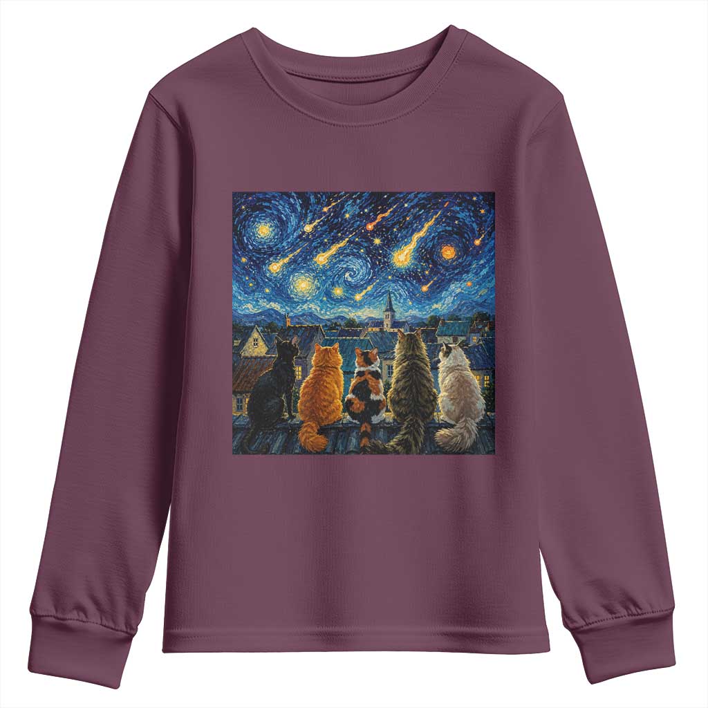 Starry Night Cats Watching Meteors Youth Sweatshirt Astronomy Lover Gift