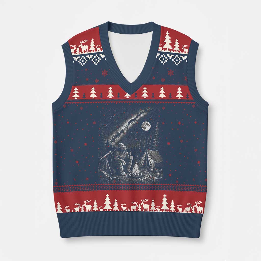 Bigfoot Camping Under Meteor Showers V-Neck Knit Sweater Vest Stargazer Gift