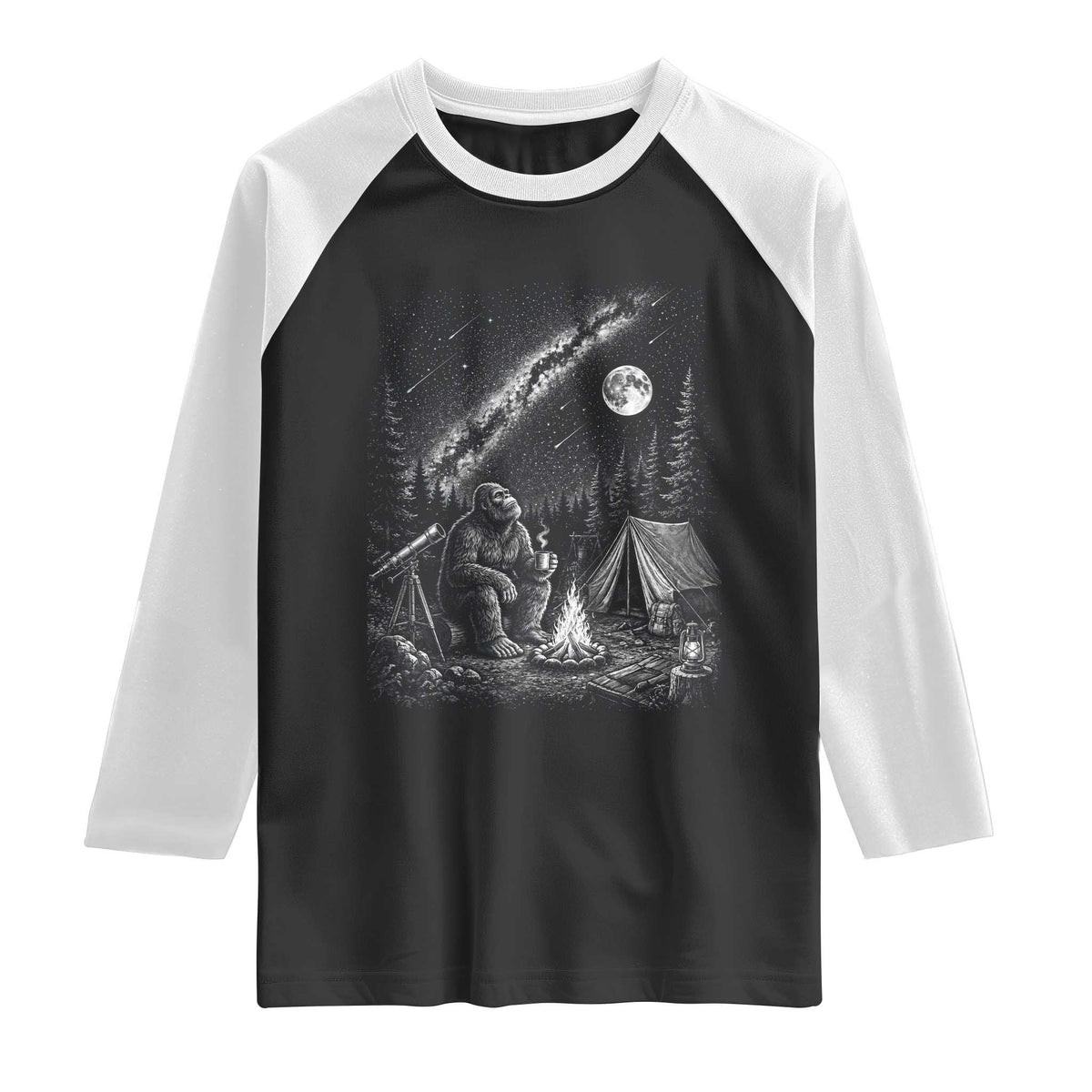 Bigfoot Camping Under Meteor Showers Raglan Shirt Stargazer Gift