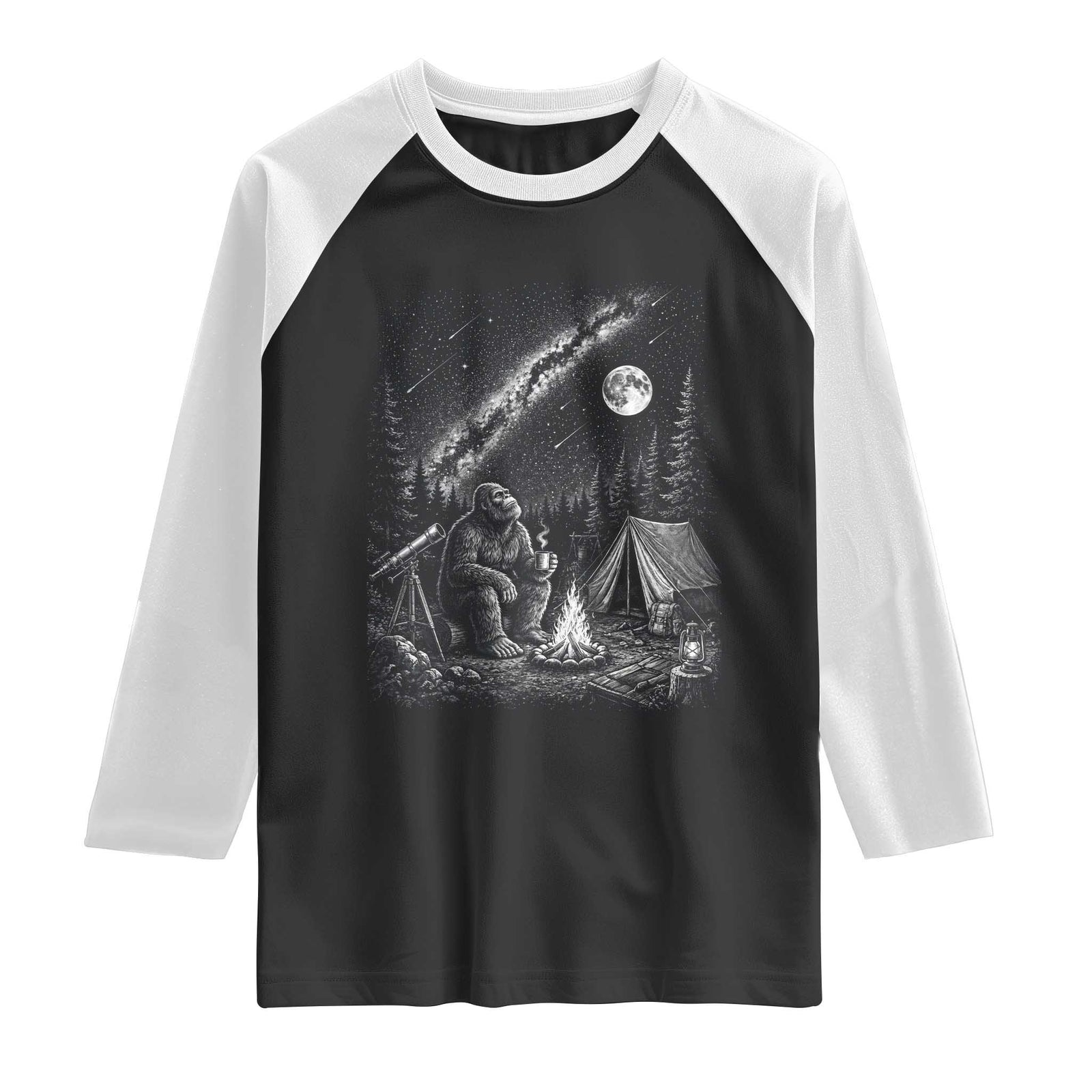 Bigfoot Camping Under Meteor Showers Raglan Shirt Stargazer Gift TS12 Black White Print Your Wear
