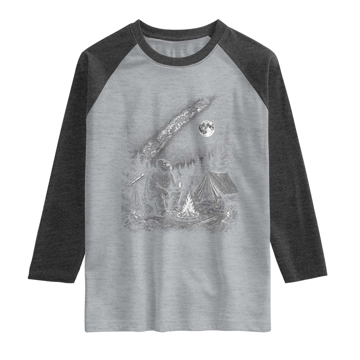 Bigfoot Camping Under Meteor Showers Raglan Shirt Stargazer Gift
