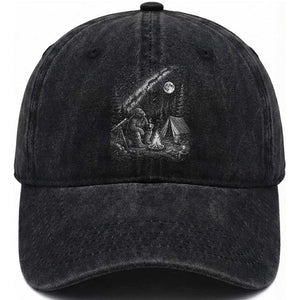 Bigfoot Camping Under Meteor Showers Washed Cotton Baseball Cap Stargazer Gift