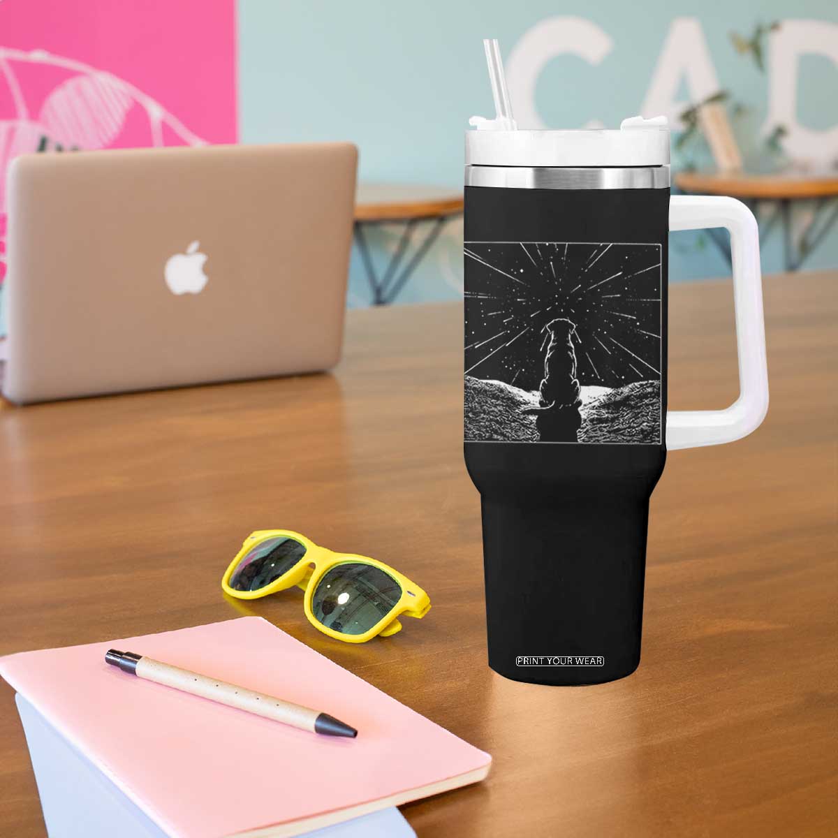 Meteor Shower Science Gift Tumbler With Handle Dog Watching Stars