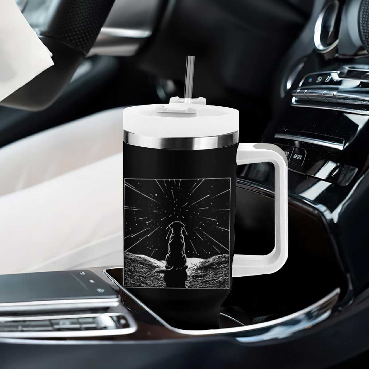 Meteor Shower Science Gift Tumbler With Handle Dog Watching Stars