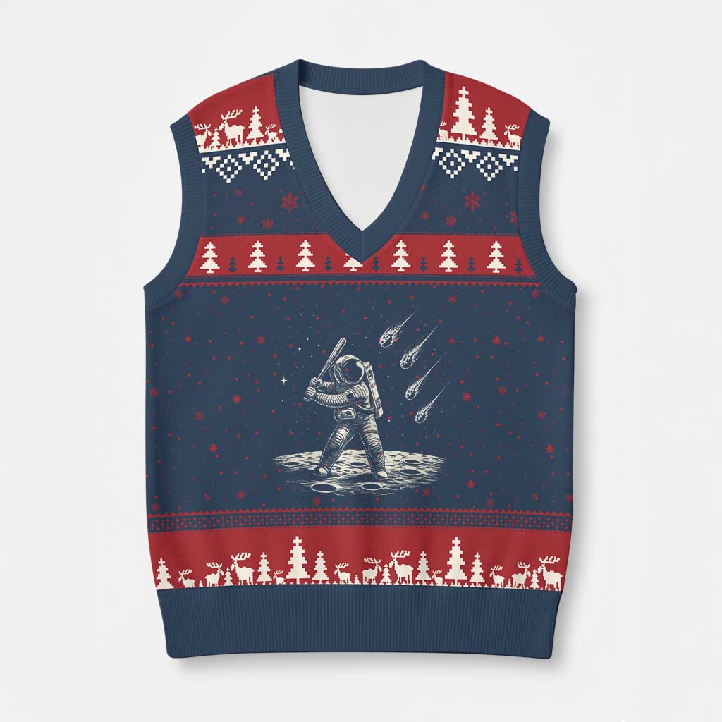 Funny Astronaut Smashing Meteors In Space V-Neck Knit Sweater Vest Astronomy Lover Gift