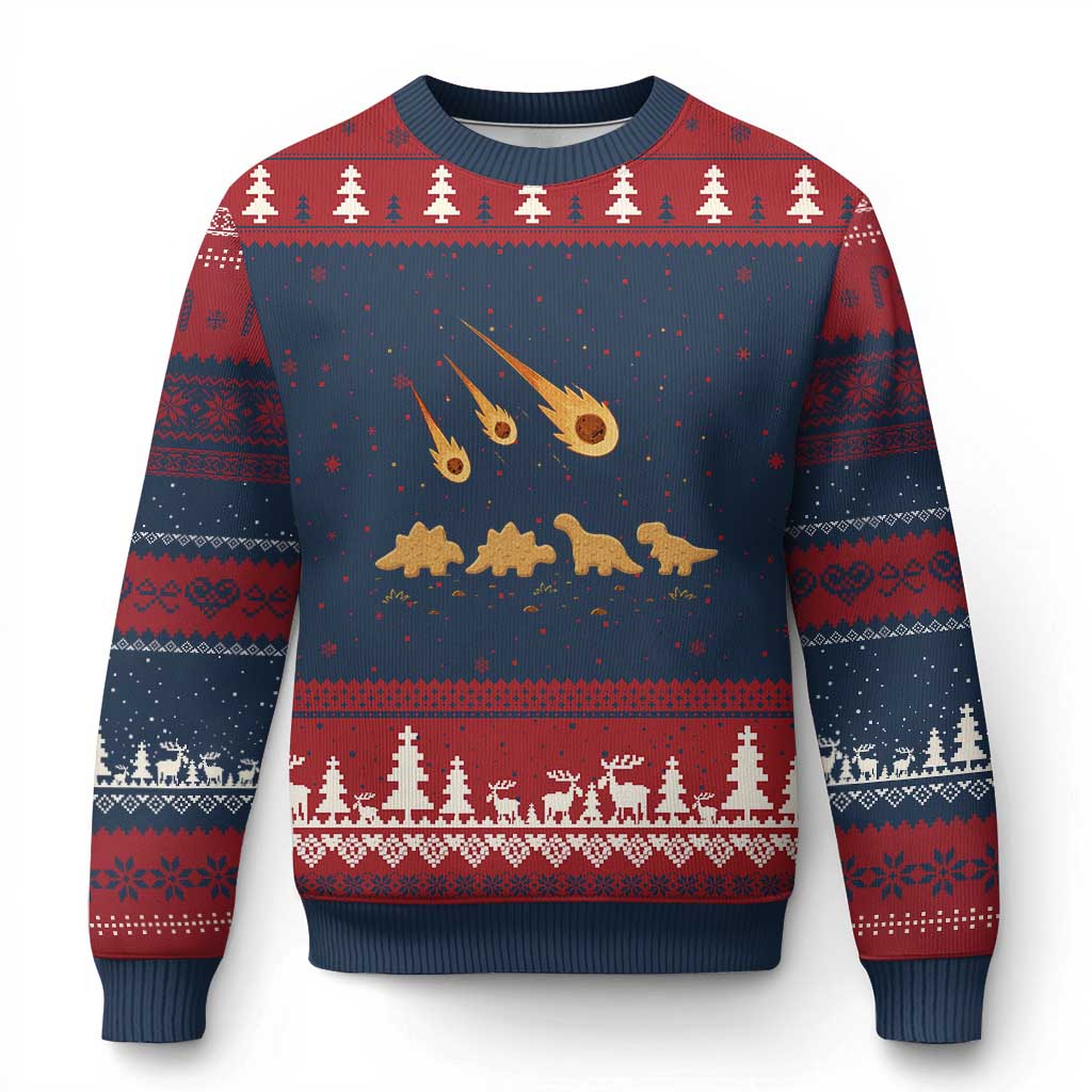 Funny Dino Chicken Nuggets Meteor Shower Ugly Christmas Sweater Food Lover