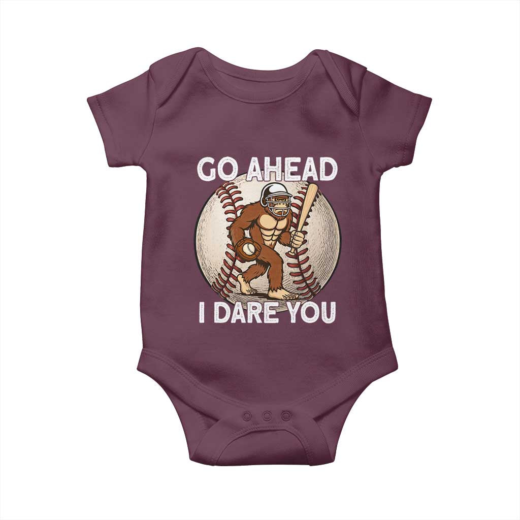 Funny Bigfoot Baseball Catcher Baby Onesie Go Ahead I Dare You Gift TS12 Maroon Print Your Wear