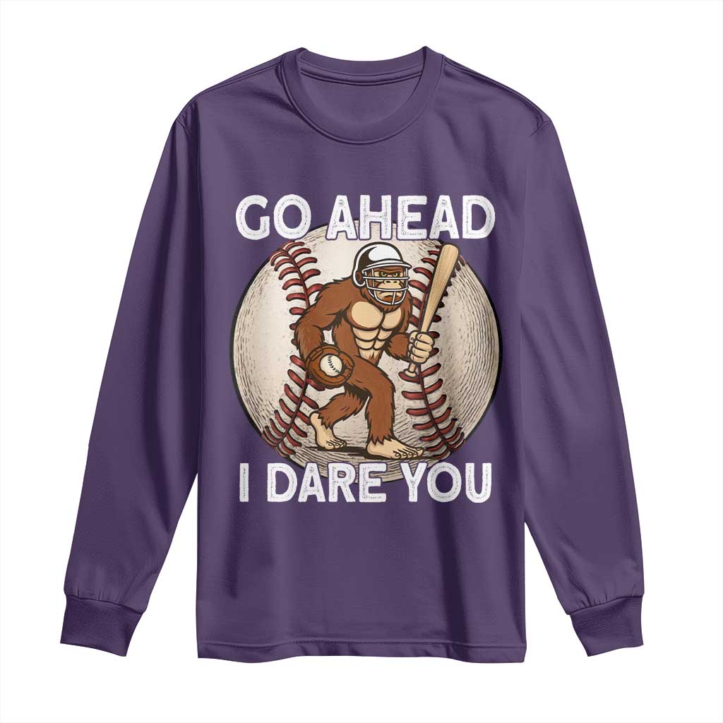 Funny Bigfoot Baseball Catcher Long Sleeve Shirt Go Ahead I Dare You Gift TS12 Purple Print Your Wear