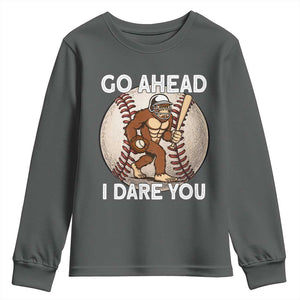 Funny Bigfoot Baseball Catcher Youth Sweatshirt Go Ahead I Dare You Gift TS12 Dark Heather Print Your Wear