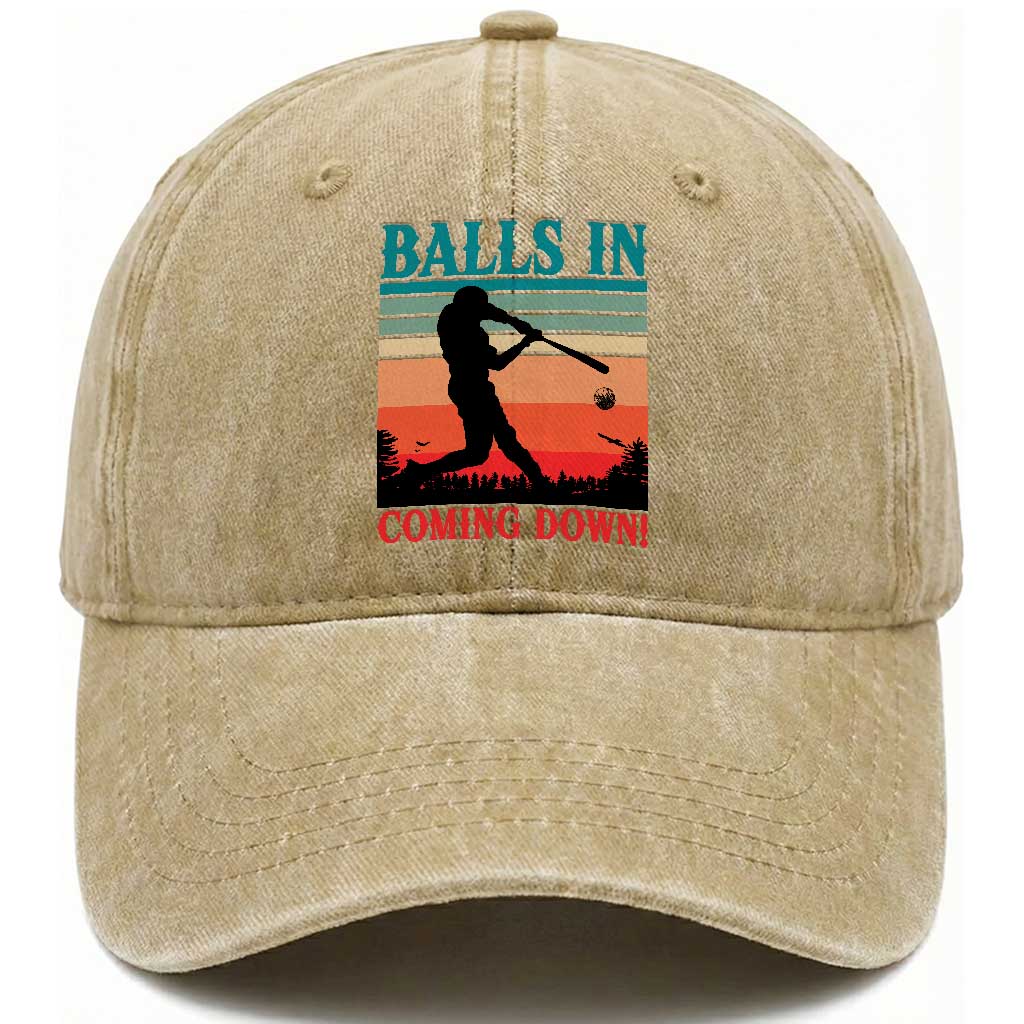 Funny BaseBall Lover Washed Cotton Baseball Cap Balls In Coming Down TS12 Washed Cap Universal Fit Khaki Print Your Wear