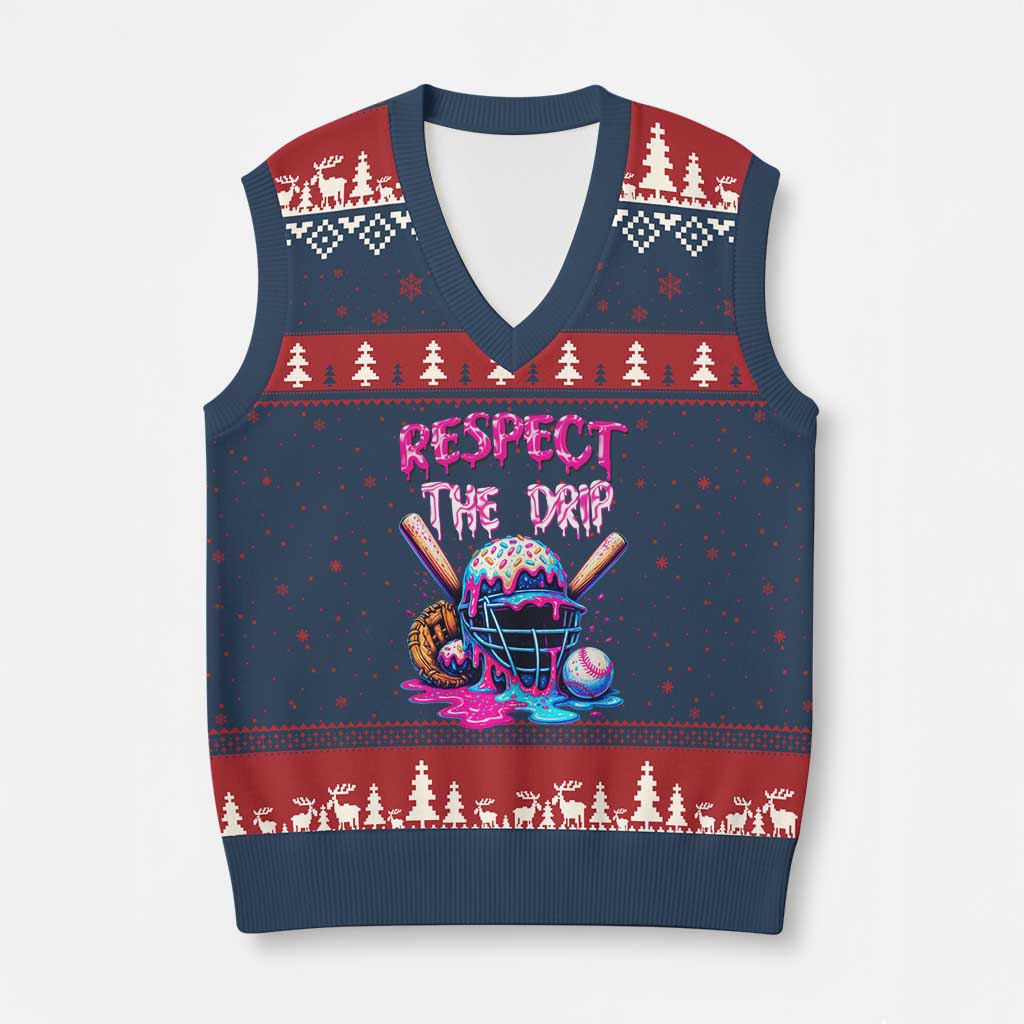 Funny Respect The Drip Baseball Mask V-Neck Knit Sweater Vest Sports Lover TS12 Navy Red Print Your Wear