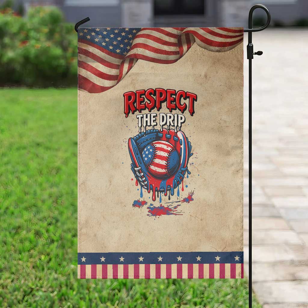 Respect The Drip Garden Flag Patriotic Baseball USA Sports Lover TS12 Vintage Rustic Tan Navy Print Your Wear