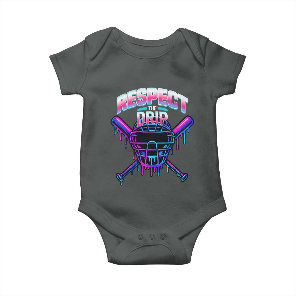 Respect The Drip Baby Onesie Funny Baseball Catcher Mask Sports Lover TS12 Dark Heather Print Your Wear