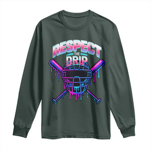 Respect The Drip Long Sleeve Shirt Funny Baseball Catcher Mask Sports Lover TS12 Dark Forest Green Print Your Wear