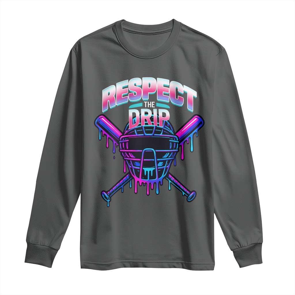 Respect The Drip Long Sleeve Shirt Funny Baseball Catcher Mask Sports Lover TS12 Dark Heather Print Your Wear