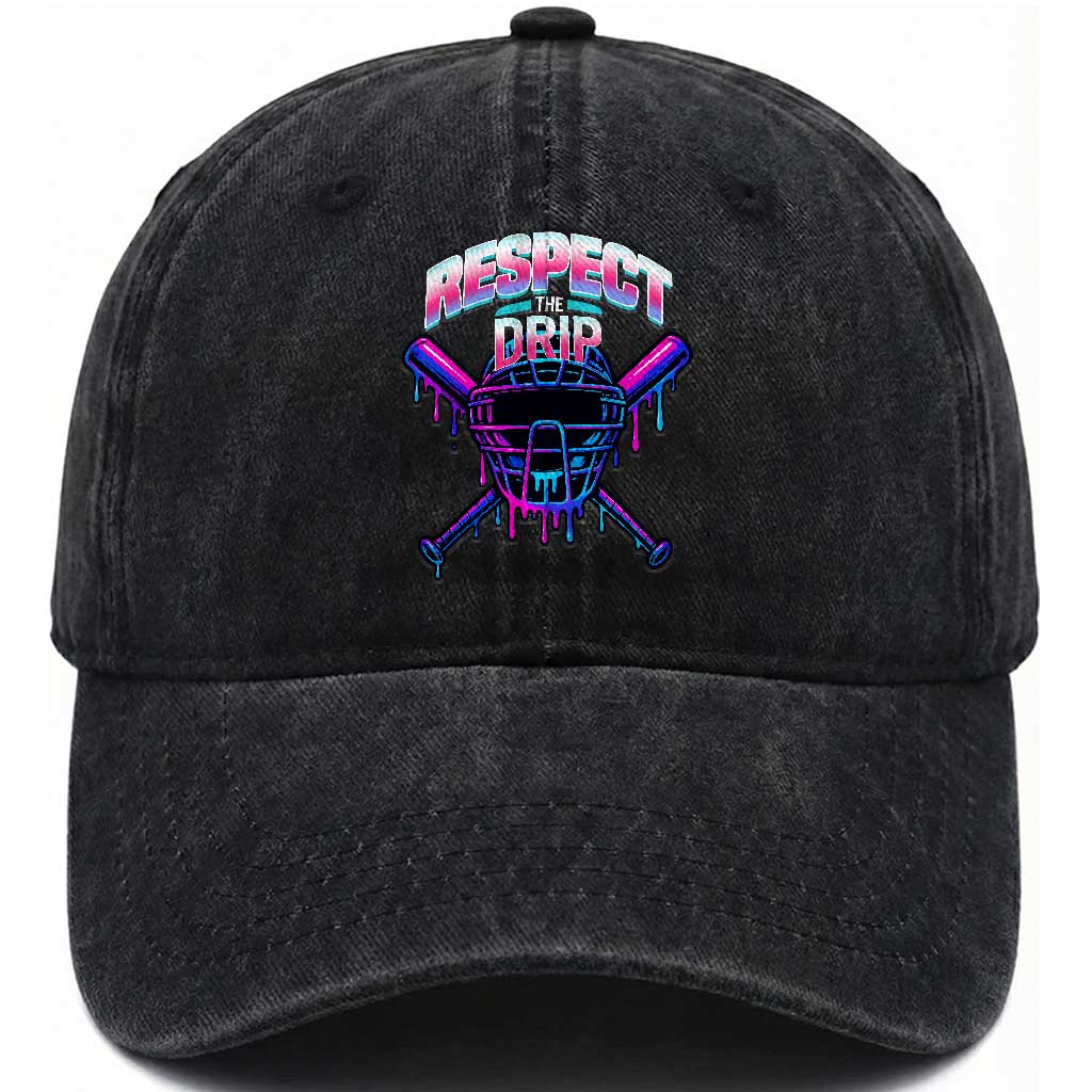 Respect The Drip Washed Cotton Baseball Cap Funny Baseball Catcher Mask Sports Lover TS12 Washed Cap Universal Fit Black Print Your Wear
