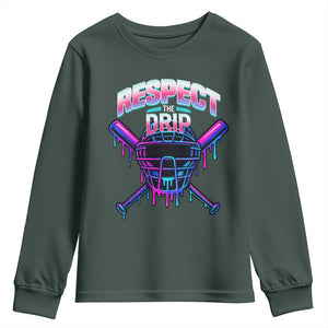 Respect The Drip Youth Sweatshirt Funny Baseball Catcher Mask Sports Lover TS12 Dark Forest Green Print Your Wear