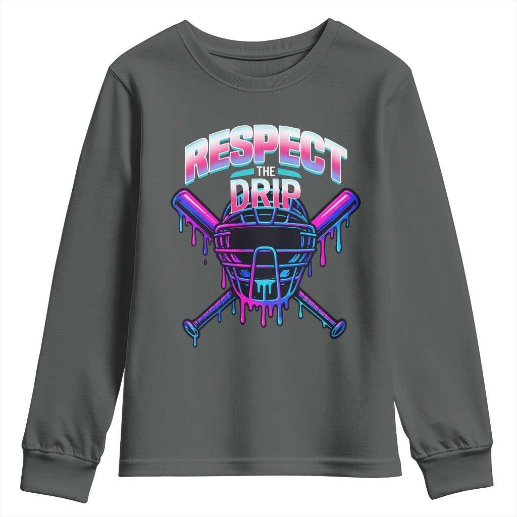Respect The Drip Youth Sweatshirt Funny Baseball Catcher Mask Sports Lover TS12 Dark Heather Print Your Wear