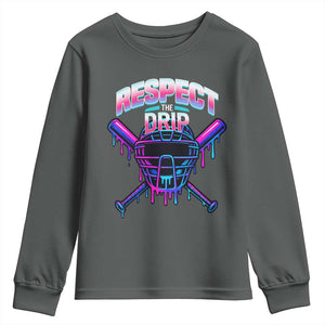 Respect The Drip Youth Sweatshirt Funny Baseball Catcher Mask Sports Lover TS12 Dark Heather Print Your Wear
