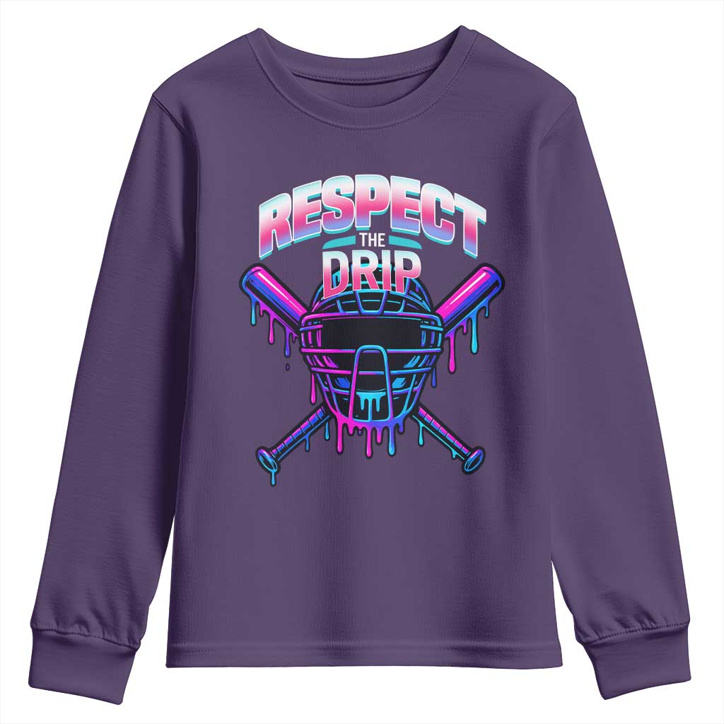 Respect The Drip Youth Sweatshirt Funny Baseball Catcher Mask Sports Lover TS12 Purple Print Your Wear