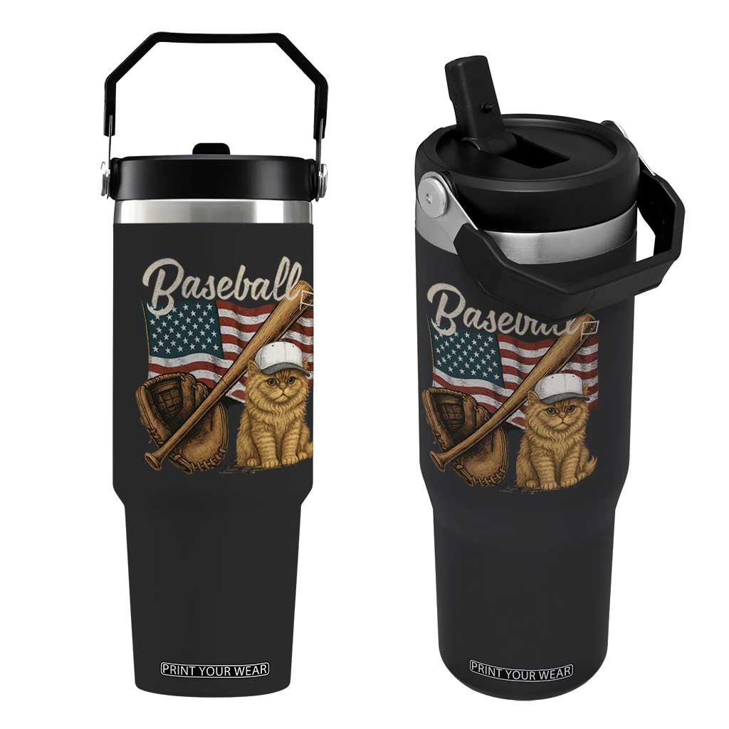 Funny Baseball Cat Lover Flip Straw Tumbler Patriotic USA Sports Lover TS12 One Size: 30 oz Black Print Your Wear