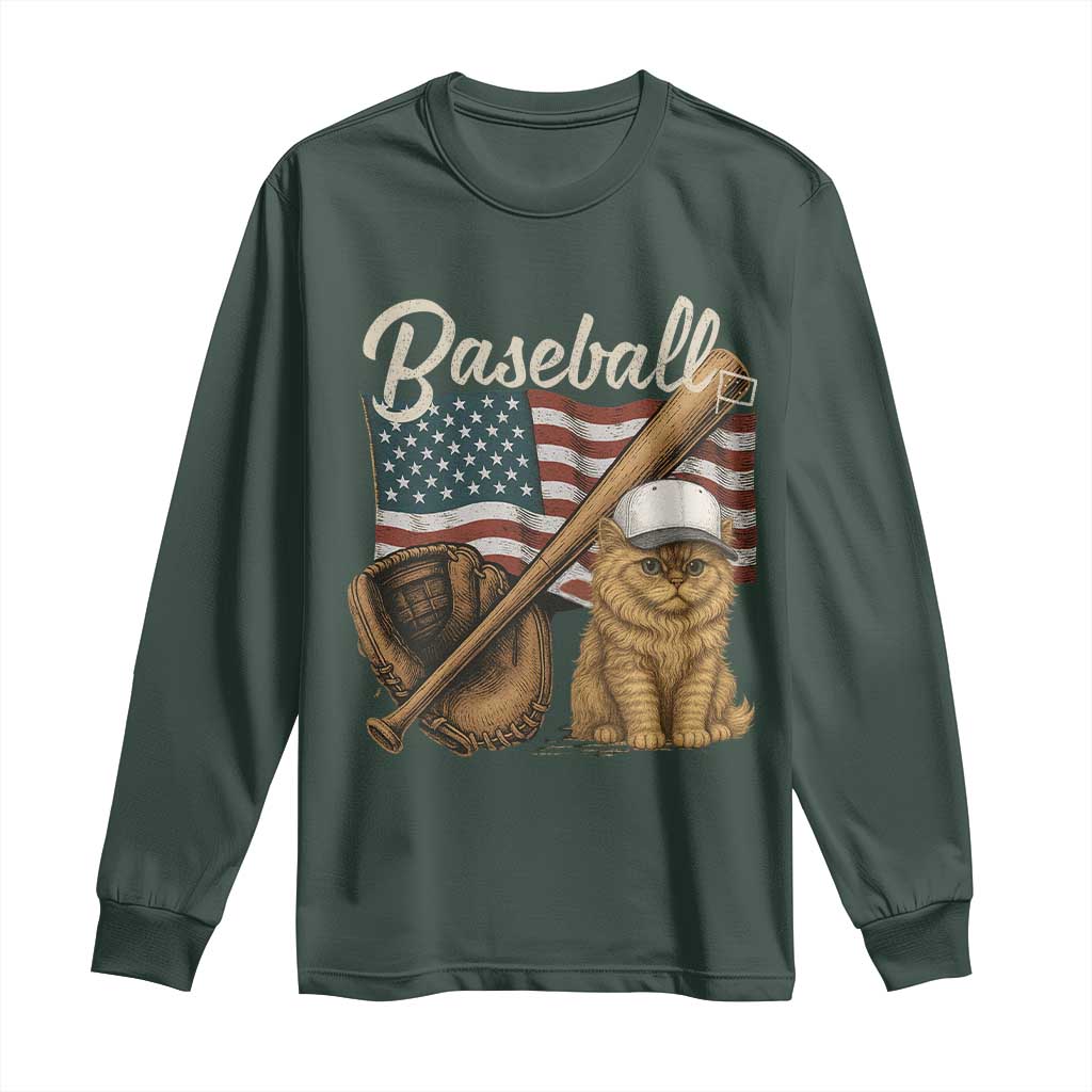 Funny Baseball Cat Lover Long Sleeve Shirt Patriotic USA Sports Lover TS12 Dark Forest Green Print Your Wear