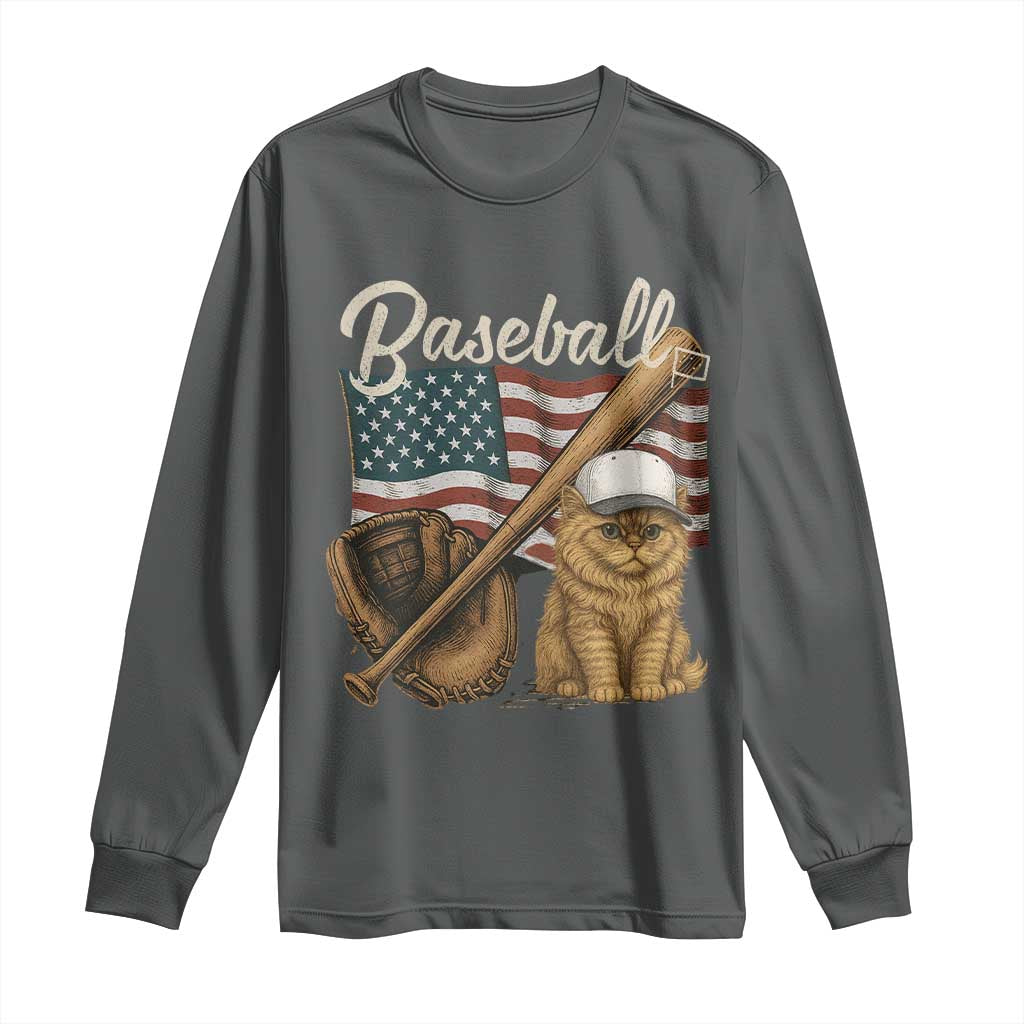 Funny Baseball Cat Lover Long Sleeve Shirt Patriotic USA Sports Lover TS12 Dark Heather Print Your Wear