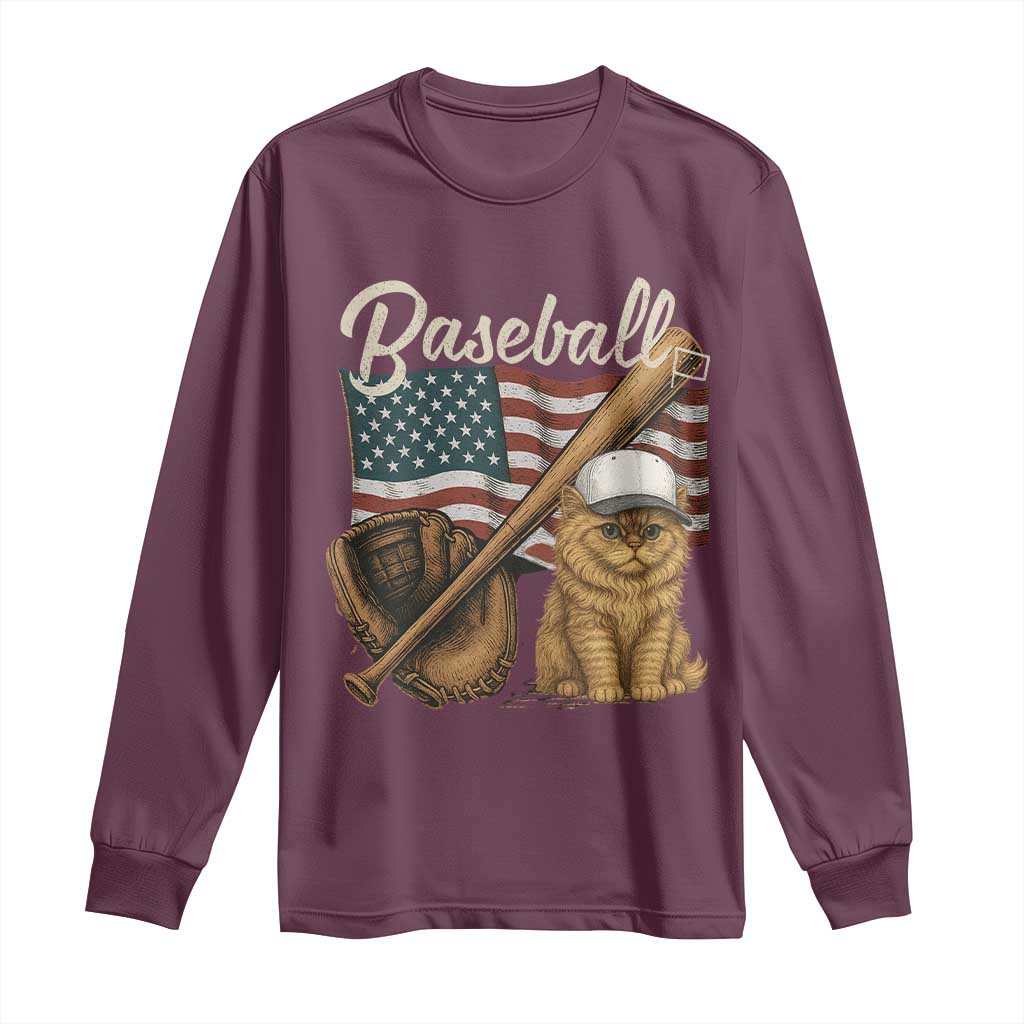 Funny Baseball Cat Lover Long Sleeve Shirt Patriotic USA Sports Lover TS12 Maroon Print Your Wear