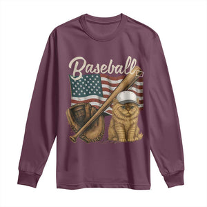 Funny Baseball Cat Lover Long Sleeve Shirt Patriotic USA Sports Lover TS12 Maroon Print Your Wear